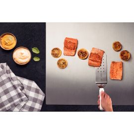 ESPATULA PROFESIONAL PARA FREIR CON HOJA DE ACERO INOXIDABLE Y MANGO DE POLIPROPILENO BLANCO 9X3