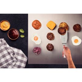 ESPATULA PARA HAMBURGUESAS PROFESSIONAL CON HOJA DE ACERO INOXIDABLE Y MANGO DE POLIPROPILENO BLANCO DE 6X3 in
