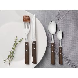 JUEGO DE CUBIERTOS TRADICIONAL CON HOJAS DE ACERO INOXIDABLE Y MANGOS DE MADERA NATURAL 24 PIEZAS