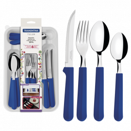 JUEGO DE CUBIERTOS TULUM CON HOJAS DE ACERO INOXIDABLE Y MANGOS Y CAJON DE POLIPROPILENO AZUL 25 PIEZAS